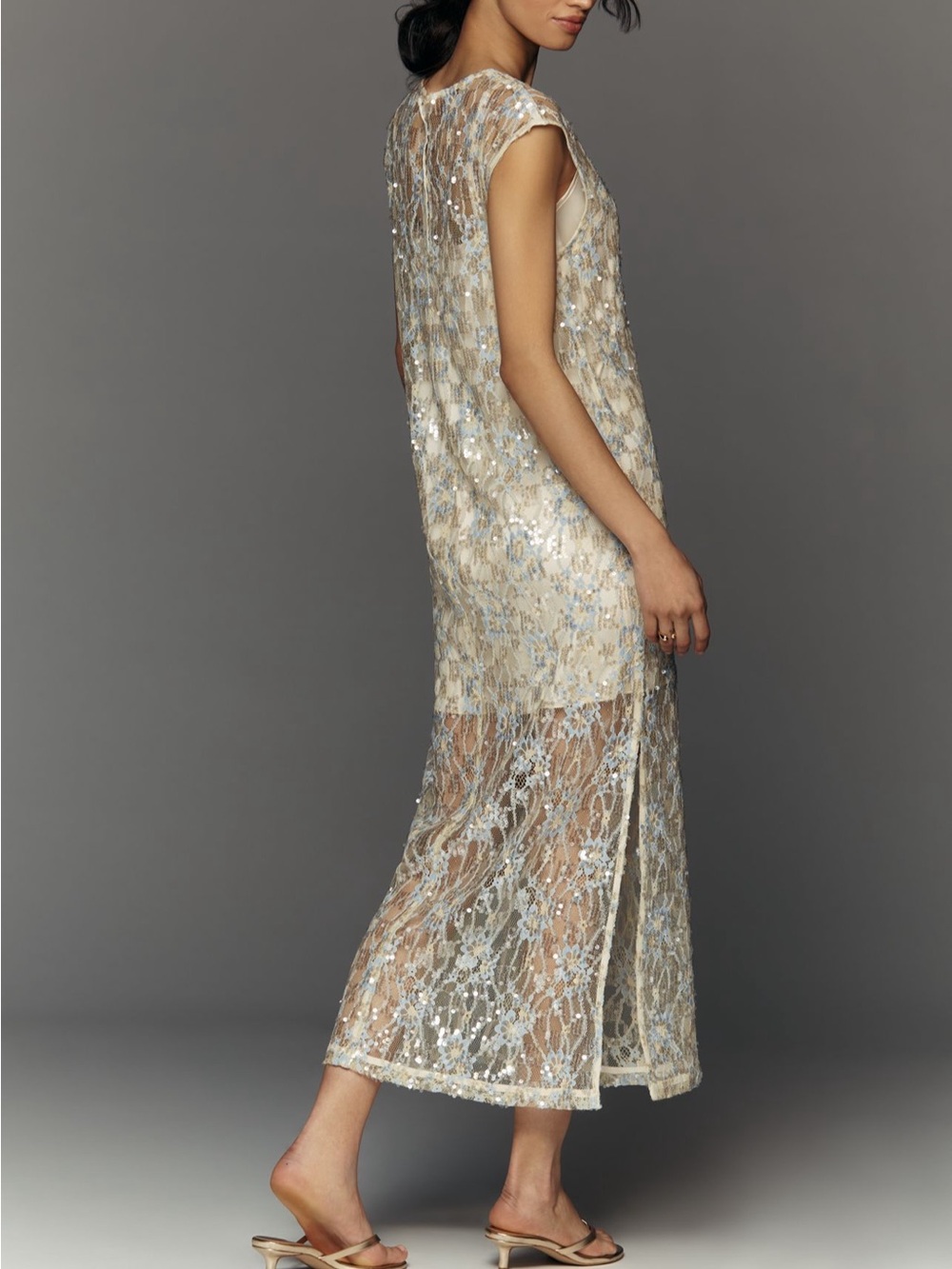 Green Metallic, Siempre Sequin Sheer Overlay Midi Dress - Picture 4 of 4